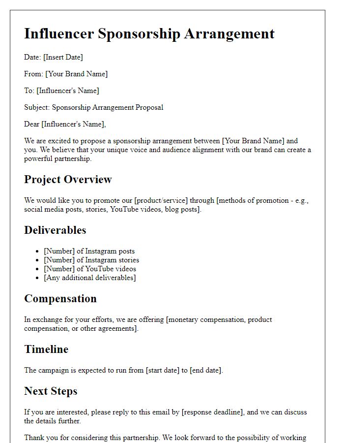 Letter template of influencer sponsorship arrangement