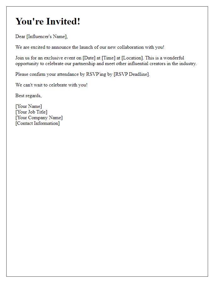 Letter template of Influencer Collaboration Launch RSVP