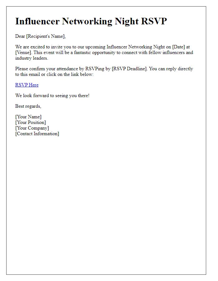 Letter template of Influencer Networking Night RSVP