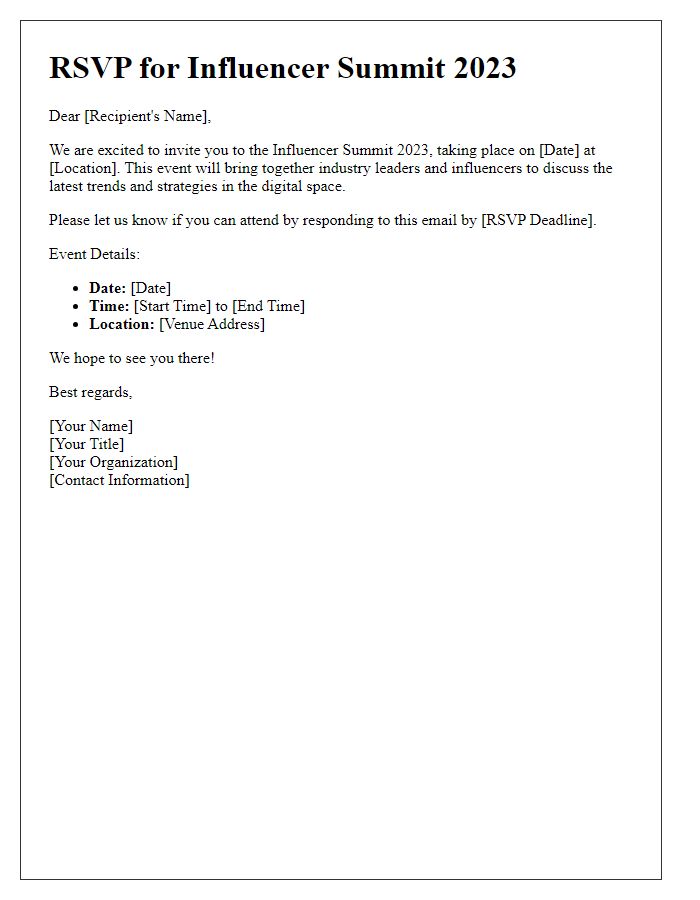 Letter template of Influencer Summit RSVP