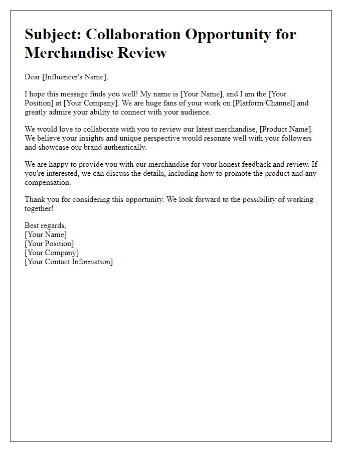 Letter template of influencer connection for merchandise review.