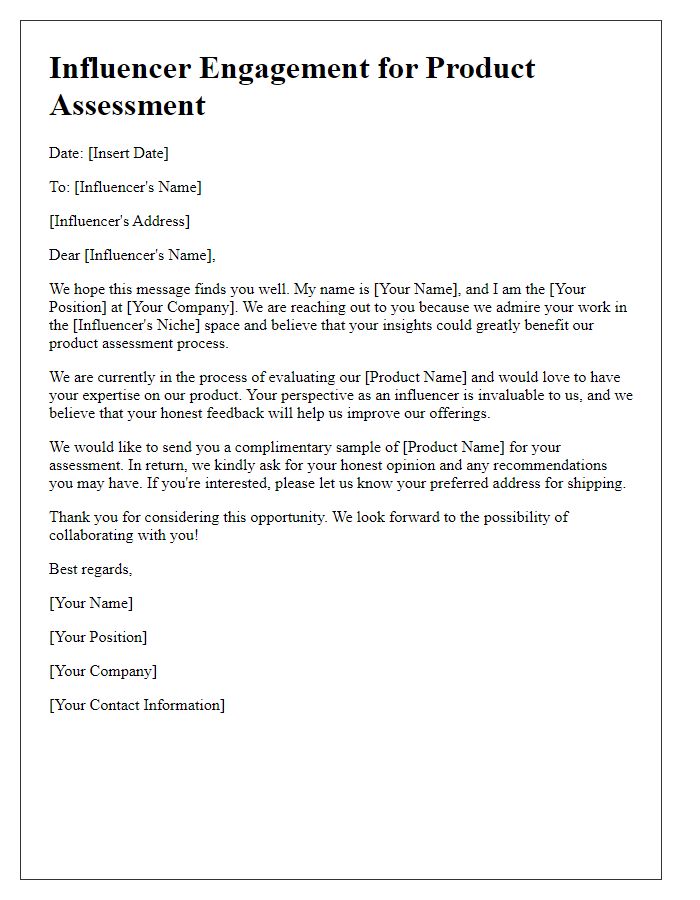 Letter template of influencer engagement for product assessment.