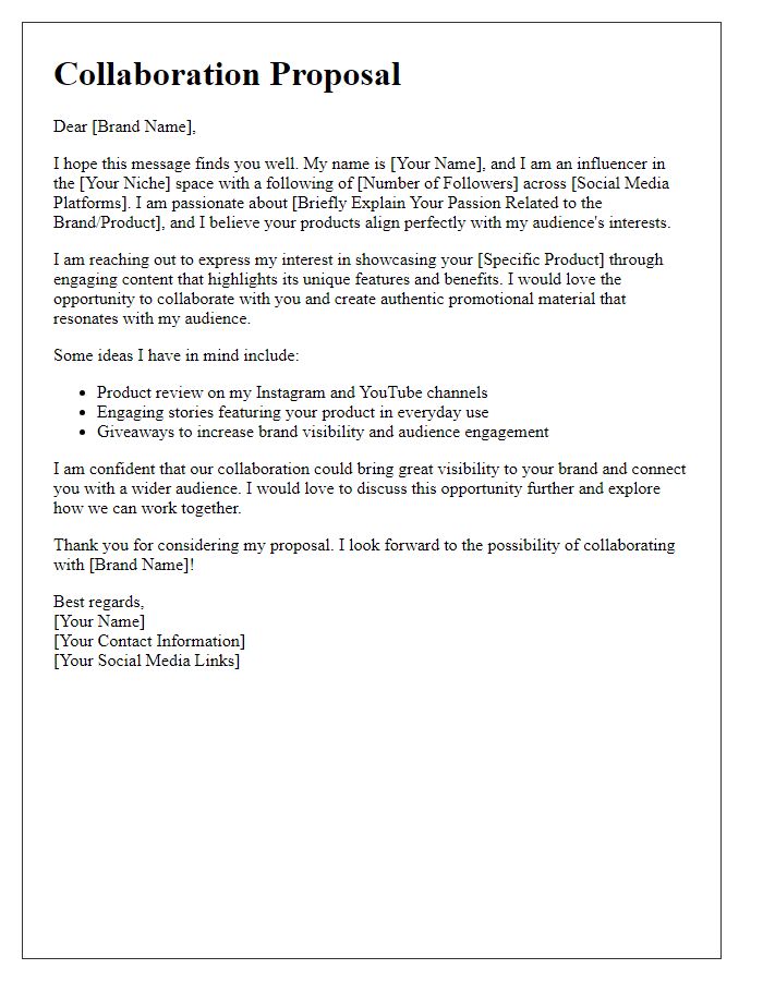 Letter template of influencer interest for brand product showcase.