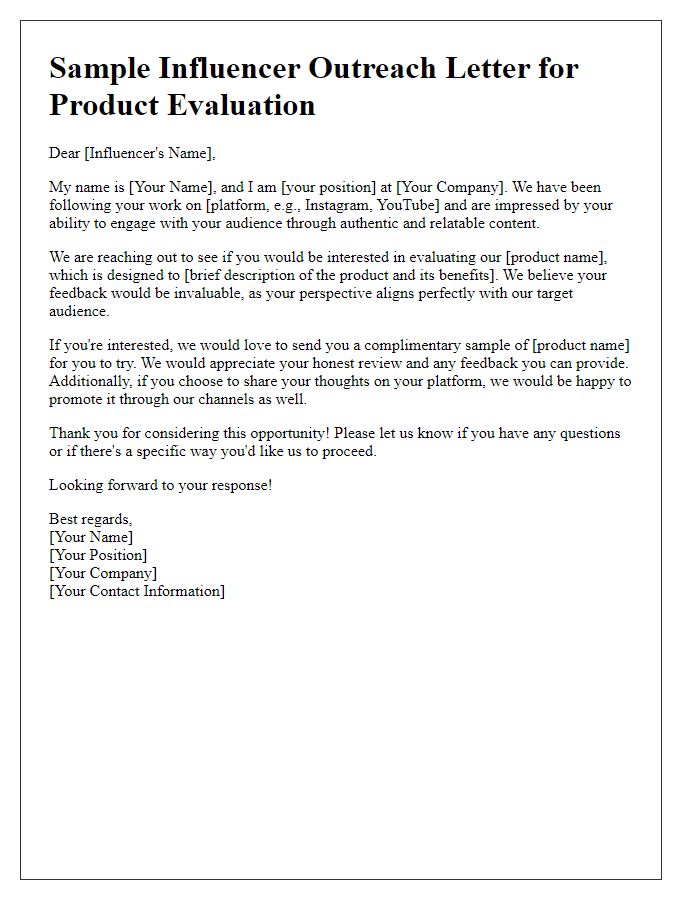 Letter template of influencer outreach for product evaluation.