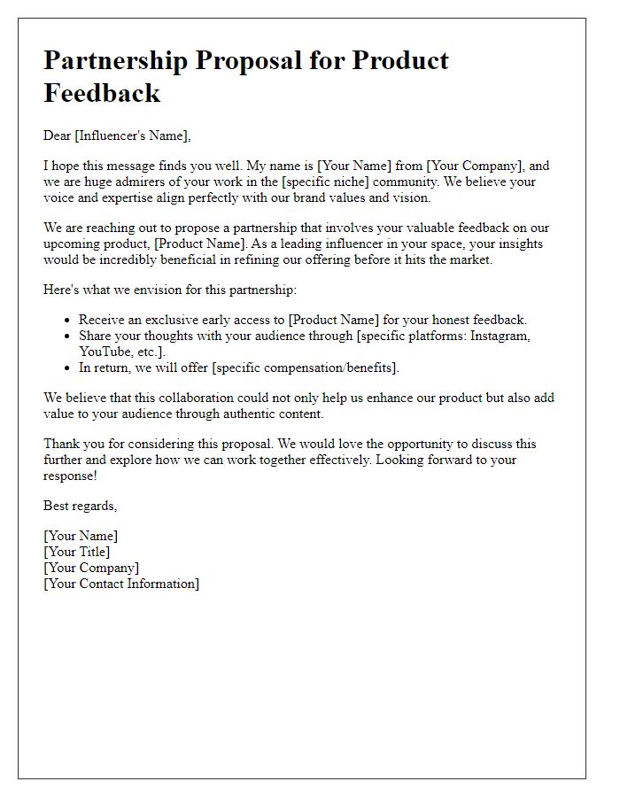 Letter template of influencer partnership proposal for product feedback.