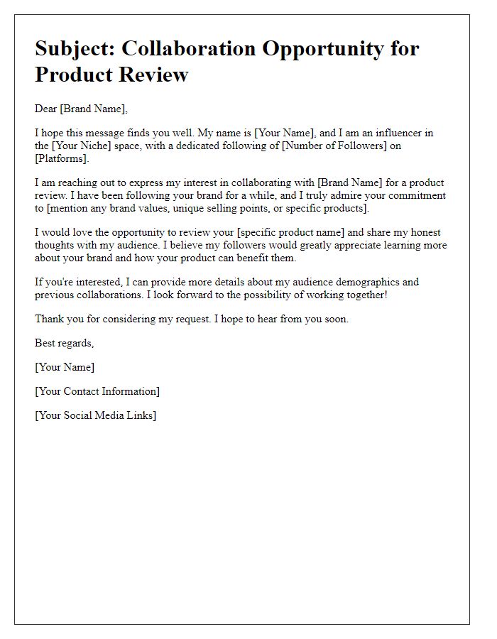 Letter template of influencer request for brand product review.