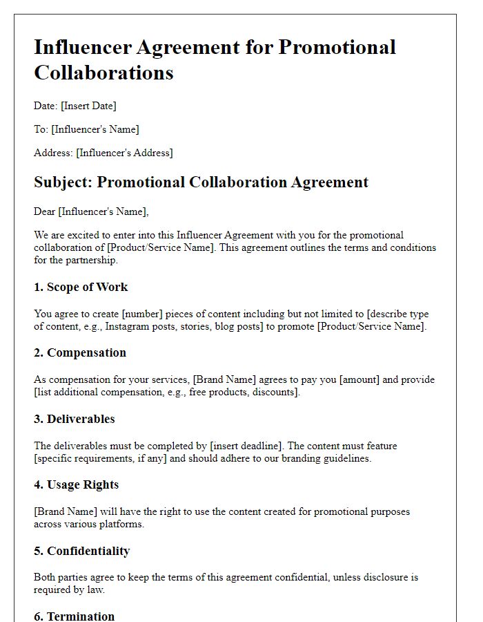 Letter template of influencer agreement for promotional collaborations.