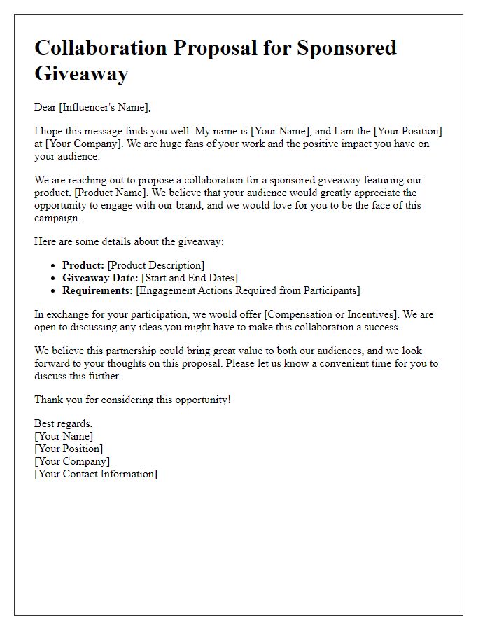 Letter template of influencer communication for sponsored giveaways.