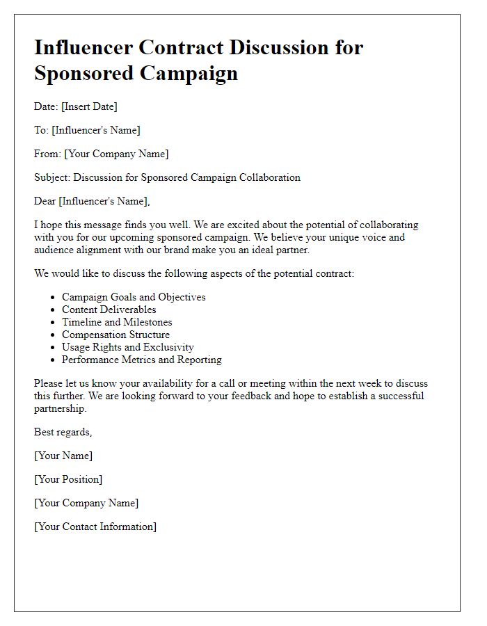 Letter template of influencer contract discussion for sponsored campaigns.