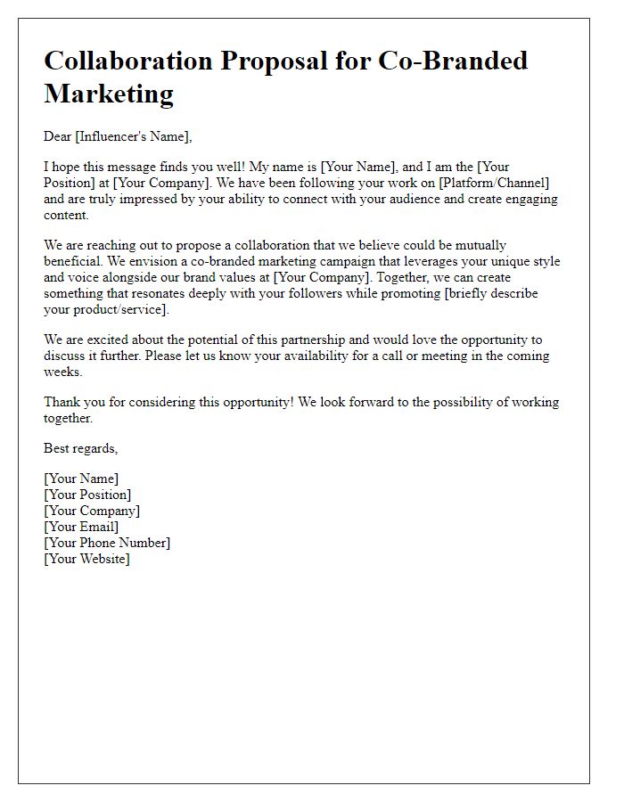 Letter template of influencer outreach for co-branded marketing.