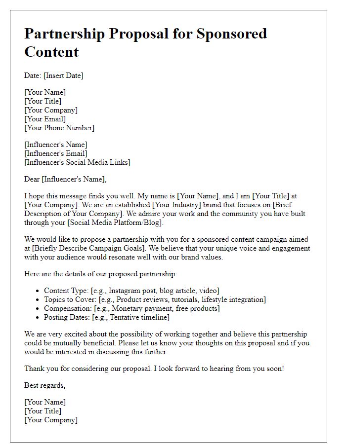 Letter template of influencer partnership proposal for sponsored content.
