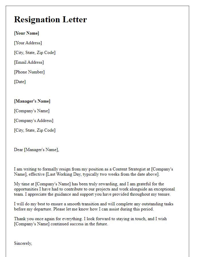 Letter template of resignation from a content strategist role