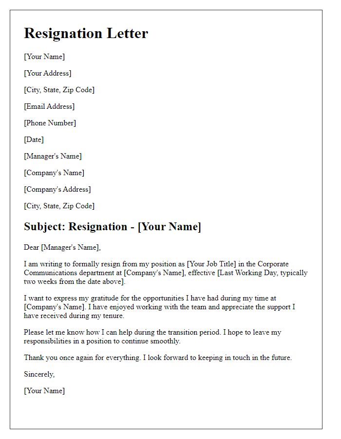 Letter template of resignation from a corporate communications role