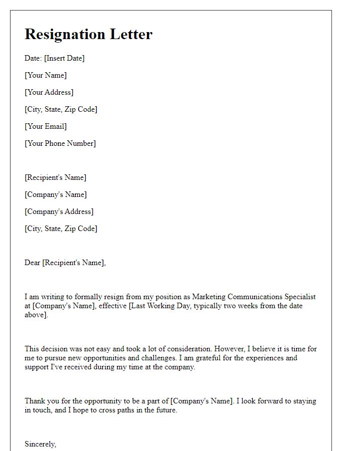 Letter template of resignation from a marketing communications position