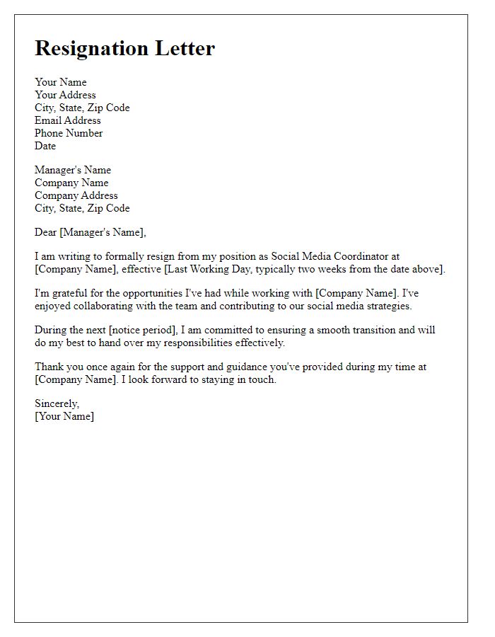 Letter template of resignation from a social media coordinator position