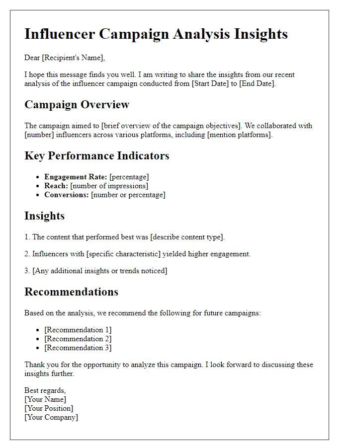 Letter template of influencer campaign analysis insights