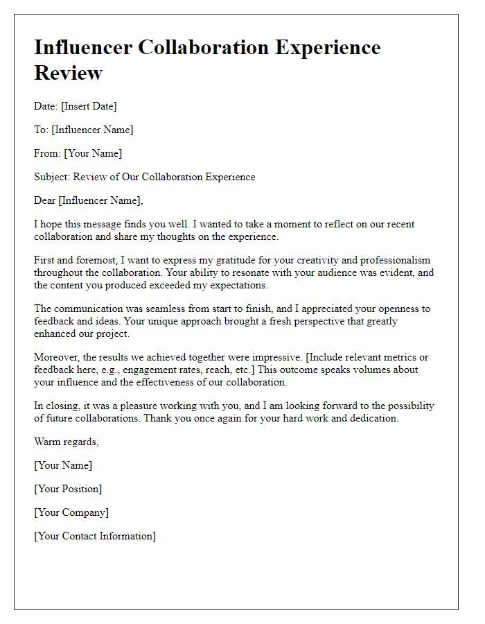 Letter template of influencer collaboration experience review