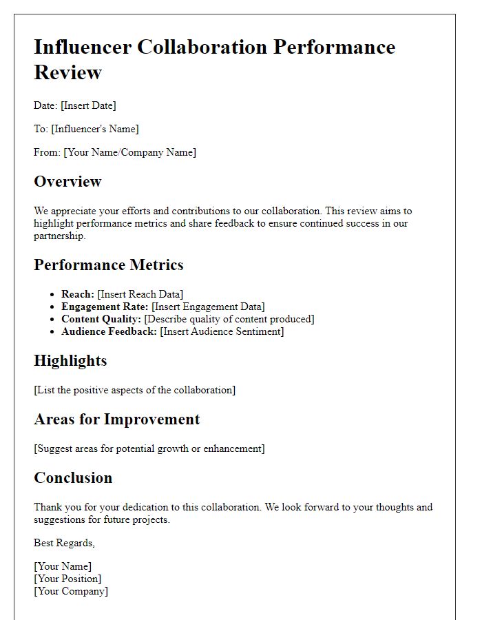 Letter template of influencer collaboration performance review