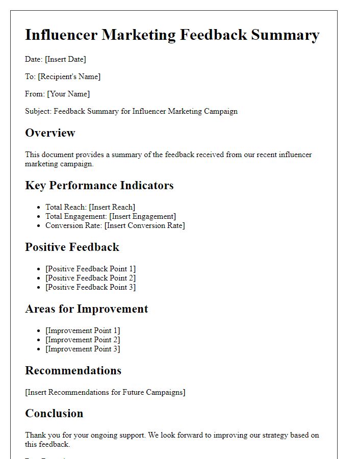 Letter template of influencer marketing feedback summary