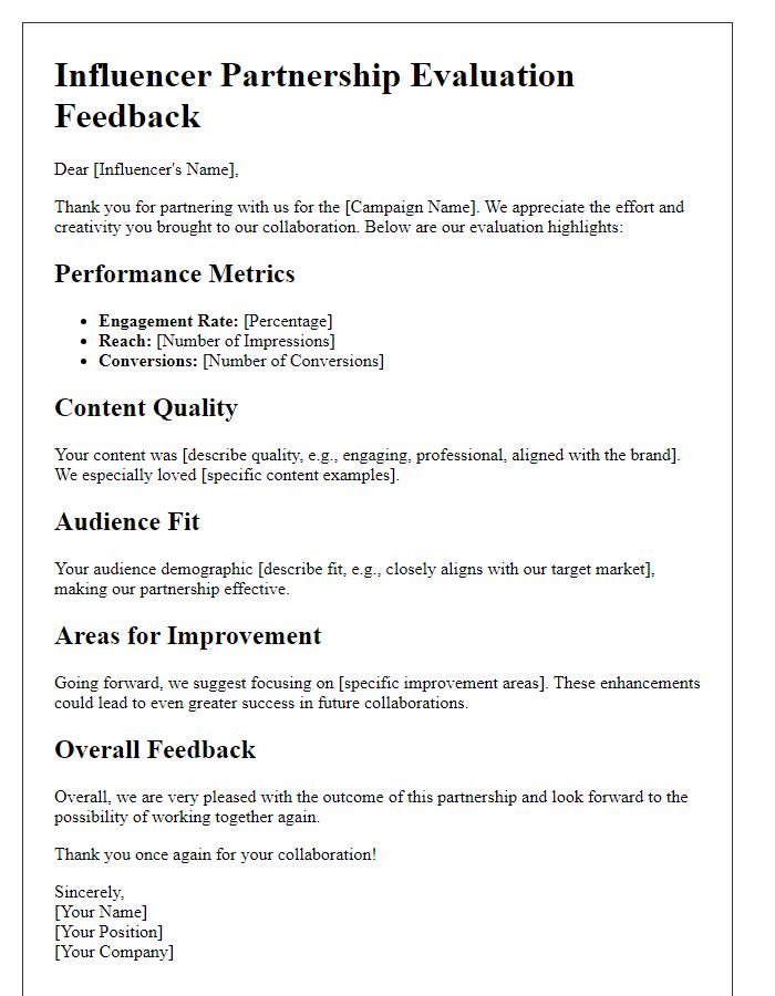 Letter template of influencer partnership evaluation feedback