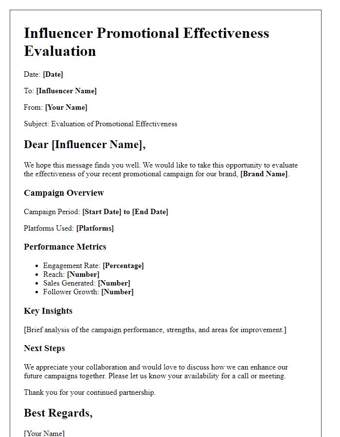 Letter template of influencer promotional effectiveness evaluation