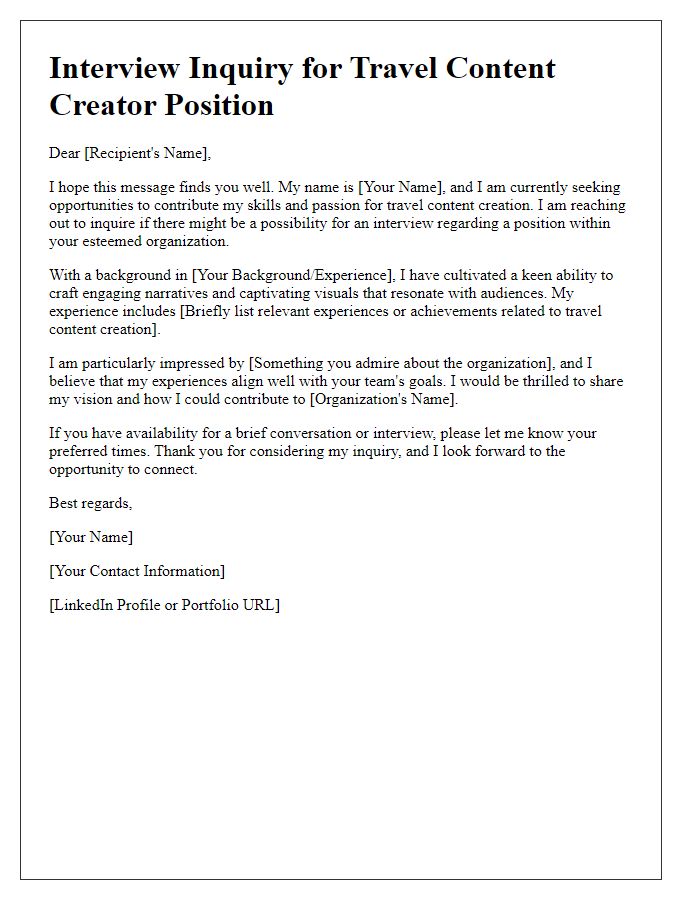 Letter template of interview inquiry for travel content creator