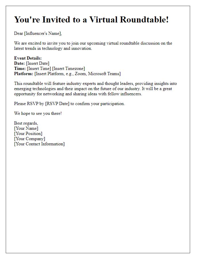 Letter template of virtual roundtable invitation for technology influencer