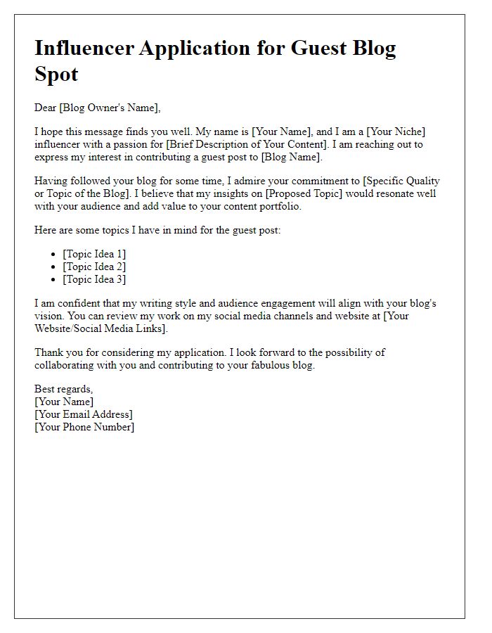 Letter template of influencer application for guest blog spot