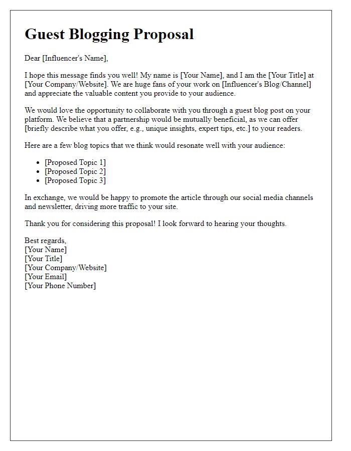 Letter template of influencer engagement for guest blogging proposal