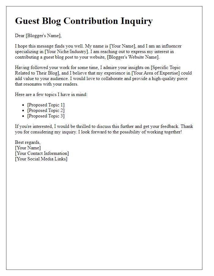 Letter template of influencer guest blog contribution inquiry