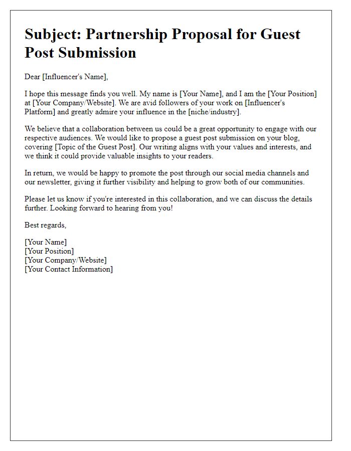 Letter template of influencer partnership for guest post submission