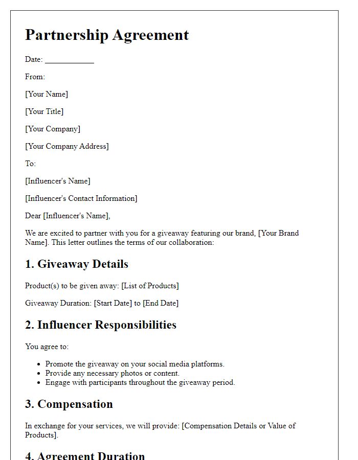 Letter template of agreement for influencer giveaway partnership
