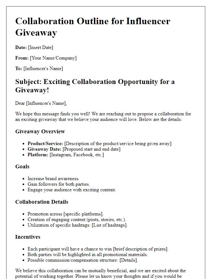 Letter template of collaboration outline for influencer giveaway