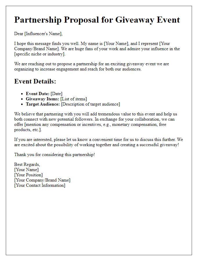 Letter template of partnership request for influencer giveaway event