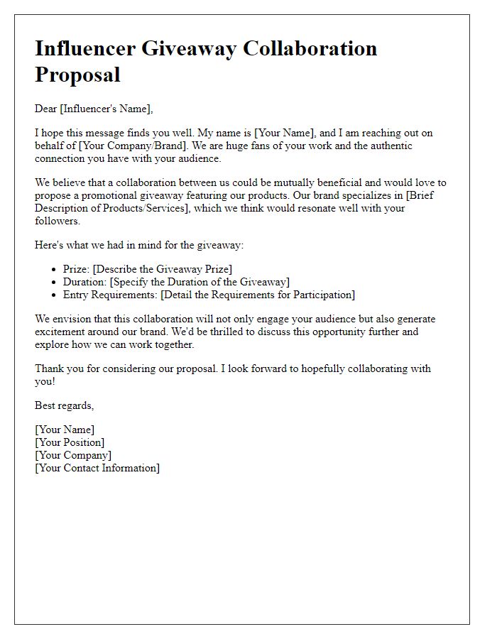 Letter template of pitch for influencer promotional giveaway