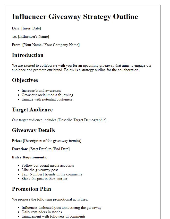 Letter template of strategy outline for influencer giveaway