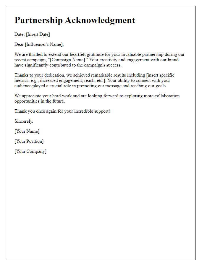 Letter template of acknowledgment for influencer partnership following campaign success