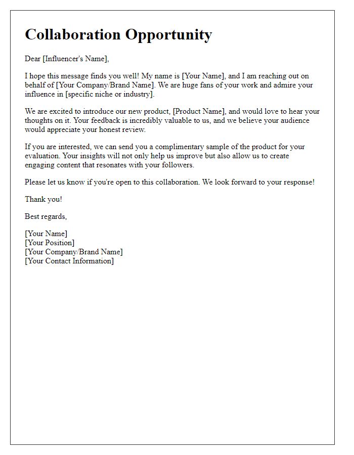 Letter template of influencer feedback solicitation for product review