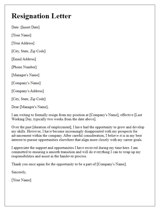 Letter template of resignation arising from disappointing advancement chances