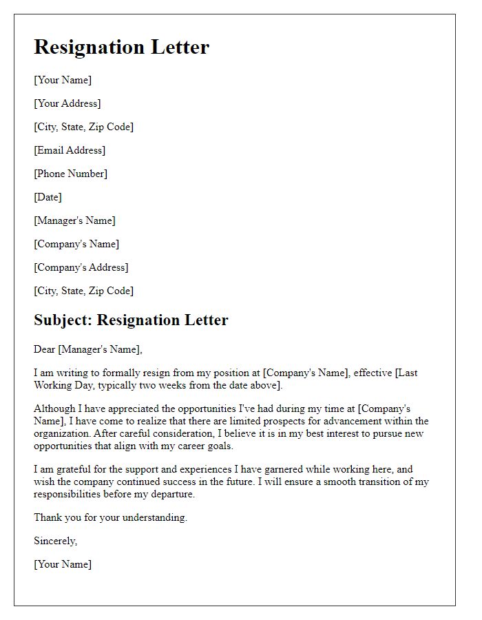 Letter template of resignation due to absence of advancement prospects