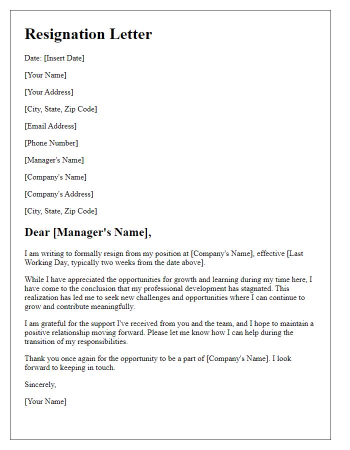 Letter template of resignation related to stagnant job progression