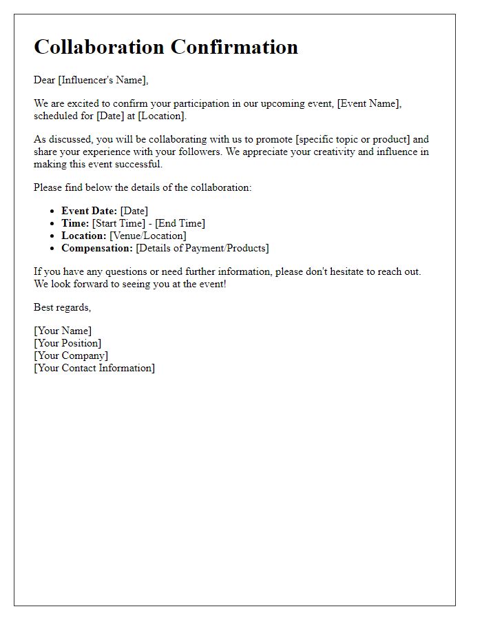 Letter template of confirmation for influencer collaboration event