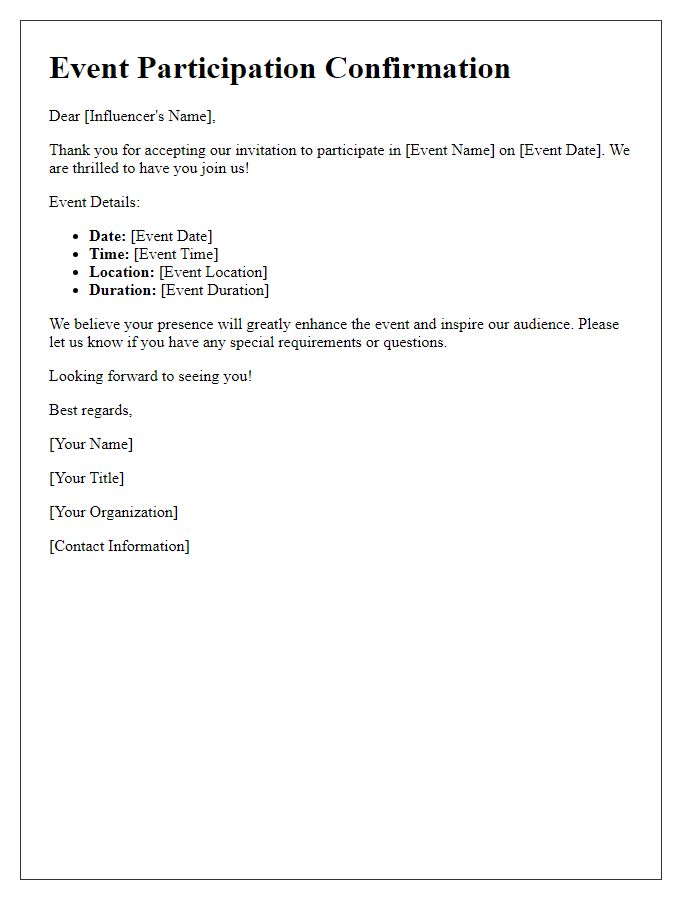 Letter template of event participation confirmation for influencers