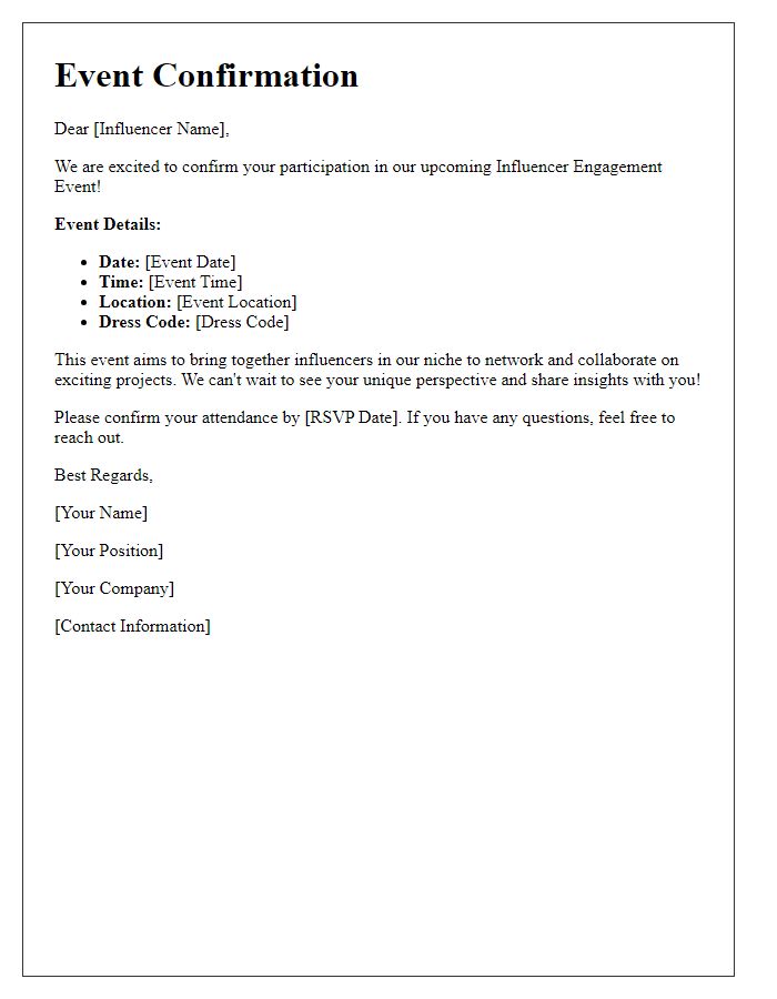 Letter template of influencer engagement event confirmation