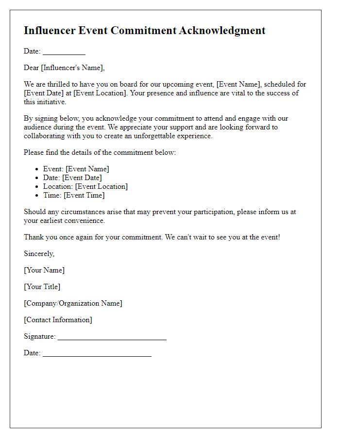 Letter template of influencer event commitment acknowledgment