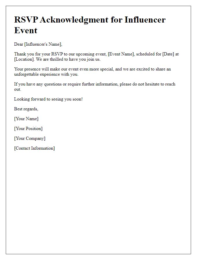 Letter template of influencer event RSVP acknowledgment