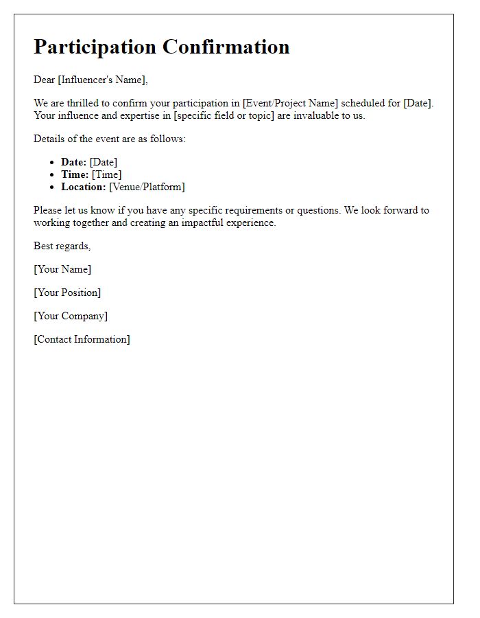 Letter template of participation confirmation for influencers