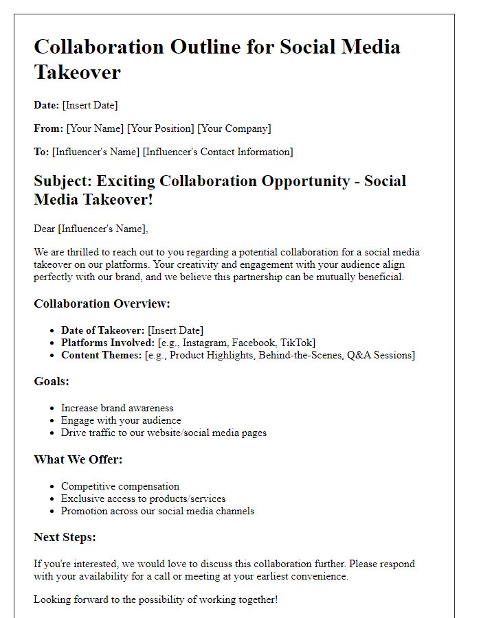 Letter template of collaboration outline for social media takeover with influencer