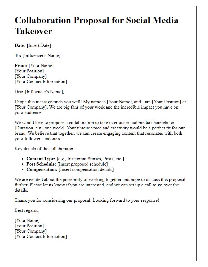 Letter template of influencer collaboration proposal for social media takeover