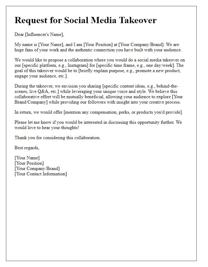 Letter template of influencer social media takeover request